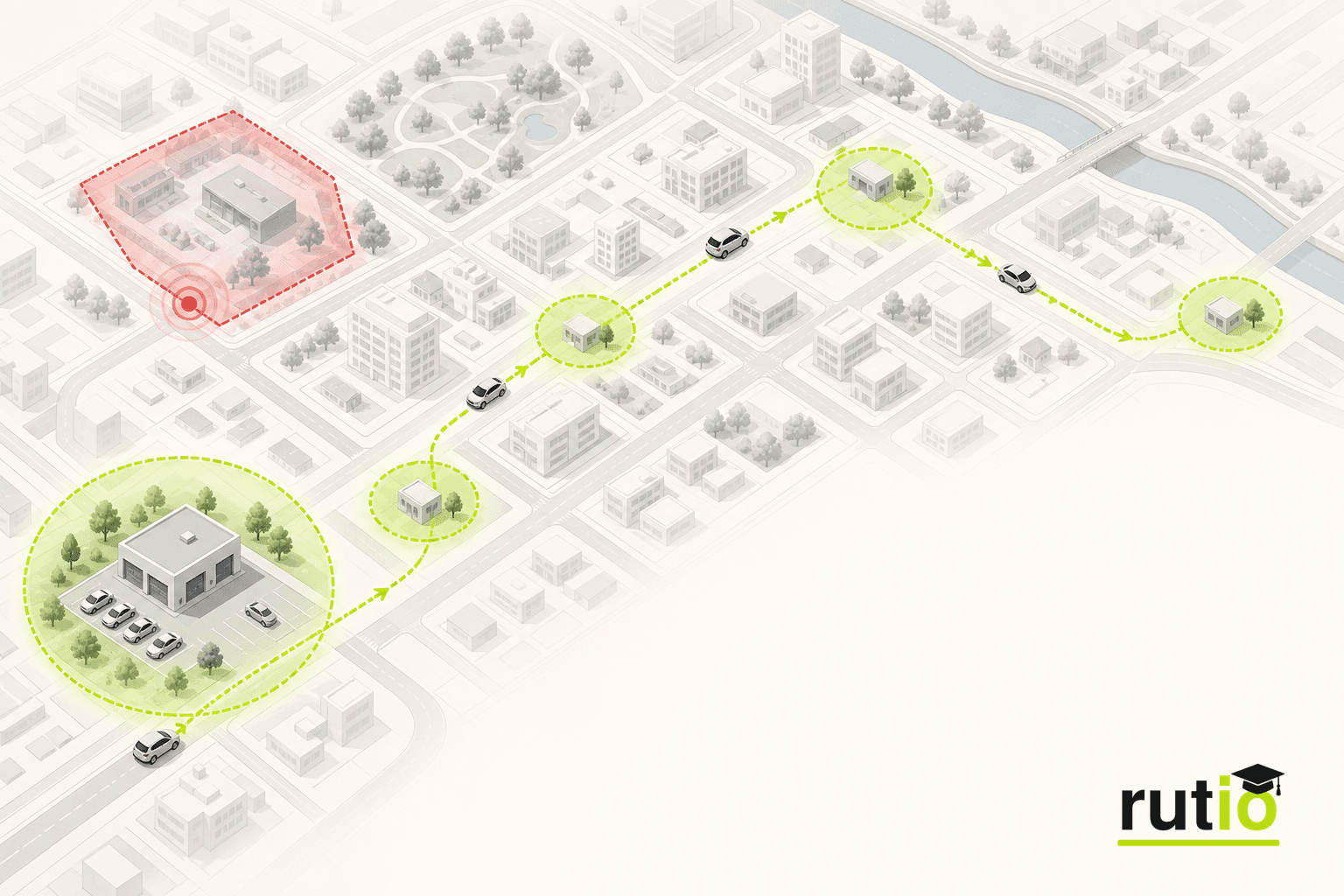 Geocercas configuradas para depósito, ruta de reparto y zona restringida