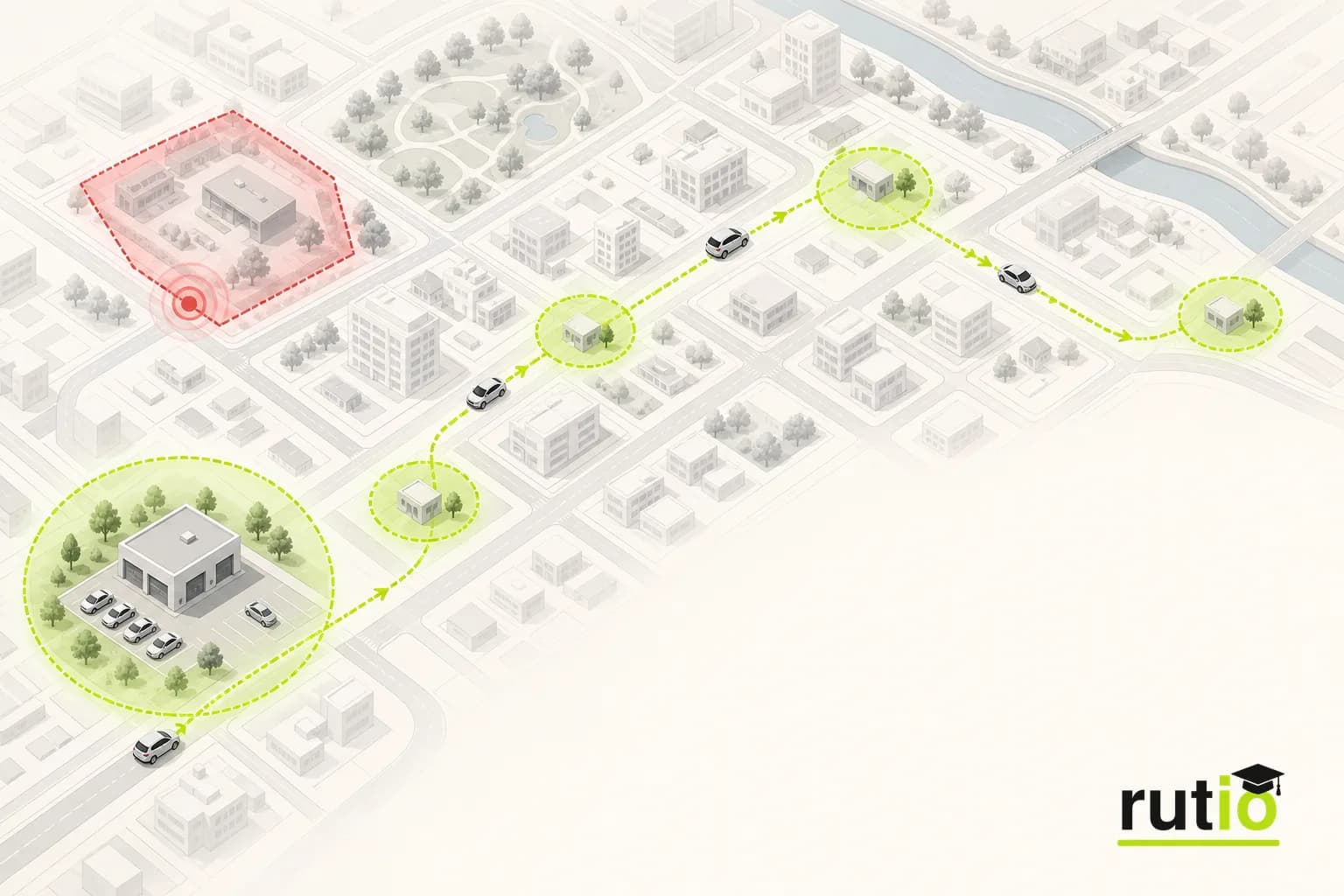 Geocercas configuradas para depósito, ruta de reparto y zona restringida