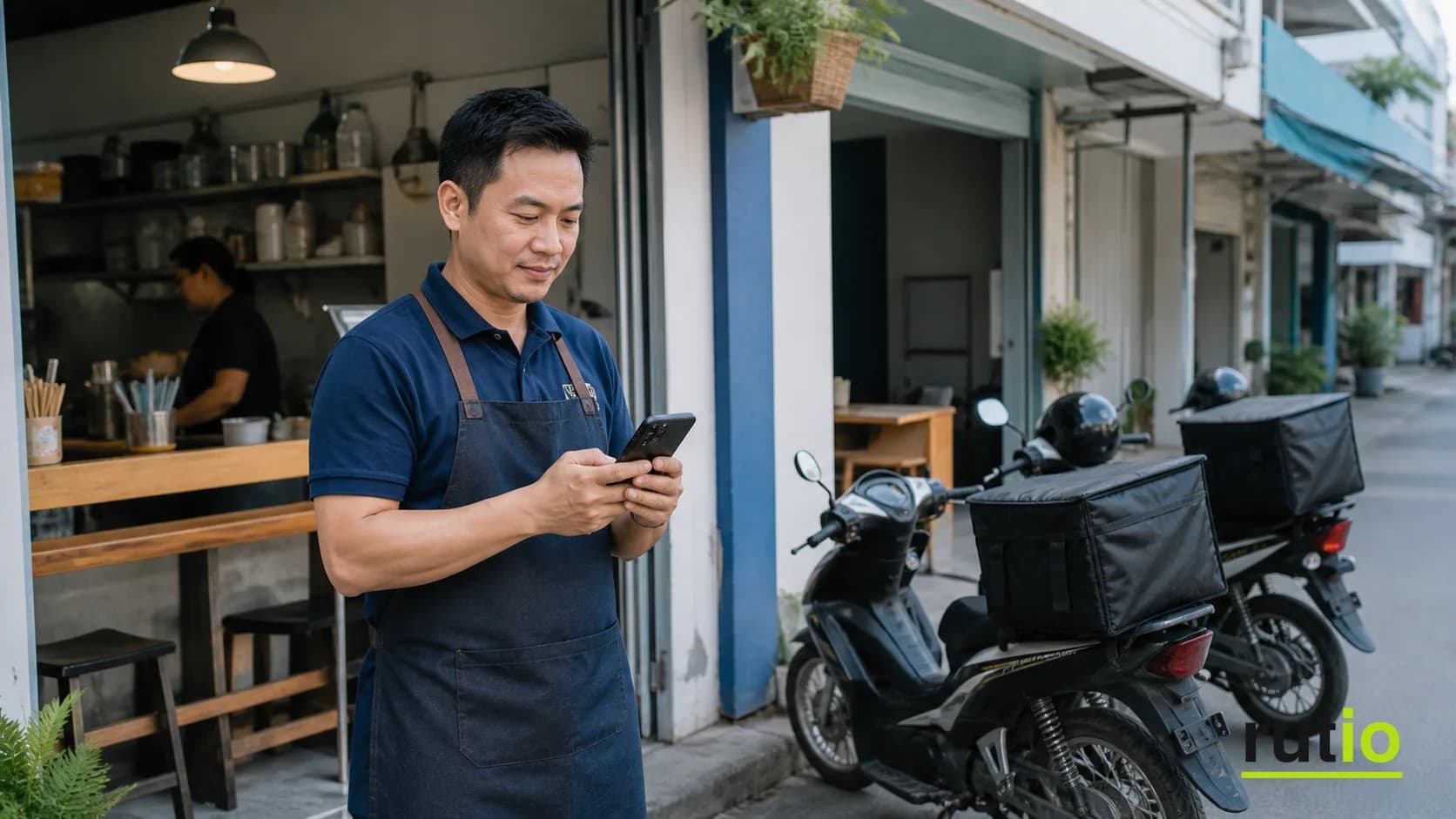 Dueño de una microempresa de delivery revisando la ubicación de sus motos desde el celular