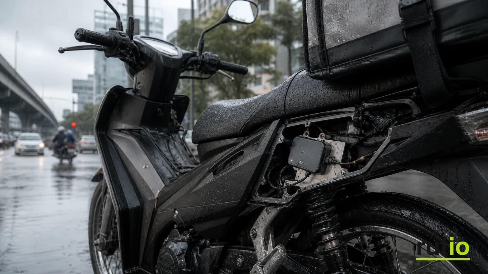 GPS para moto resistente a agua y vibración instalado bajo el asiento de una moto de reparto