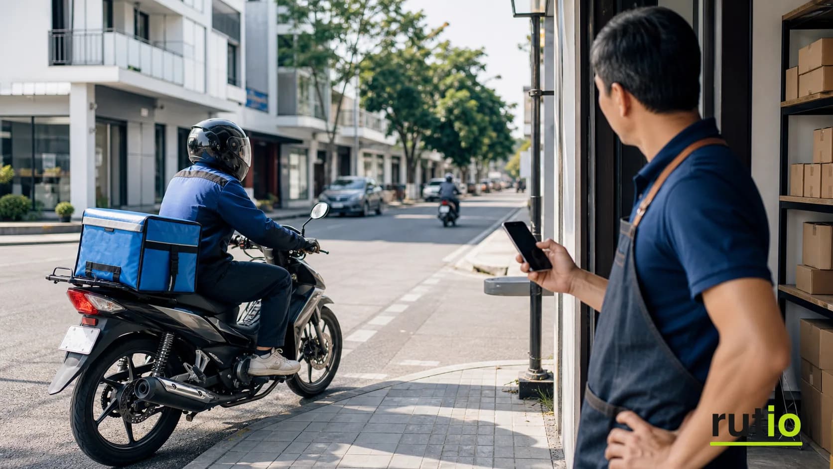 Ubicación en tiempo real e historial de recorridos de una moto de reparto en la app de Rutio