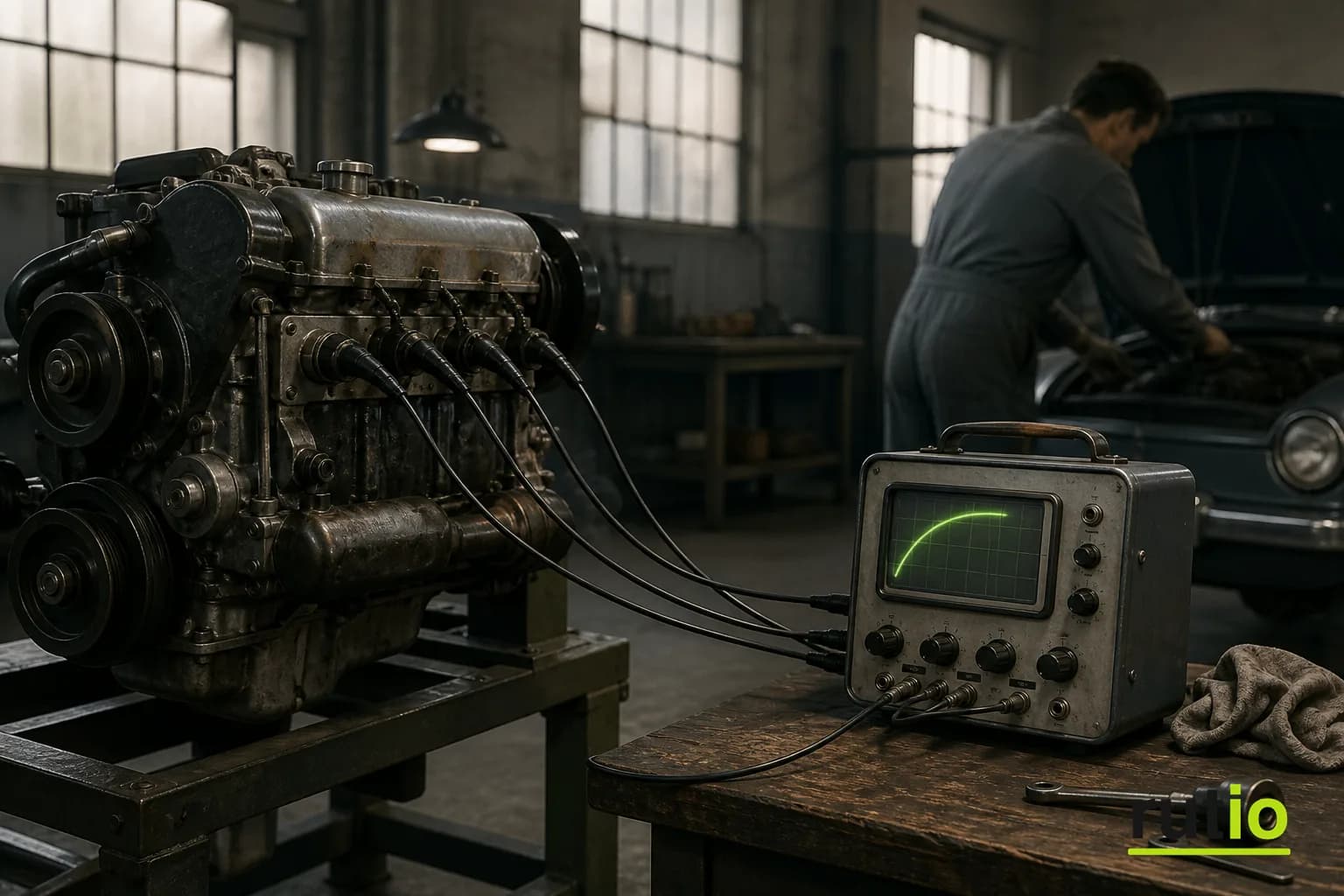Ilustración editorial de un motor conectado por cuatro cables a un osciloscopio portátil en un taller mecánico genérico