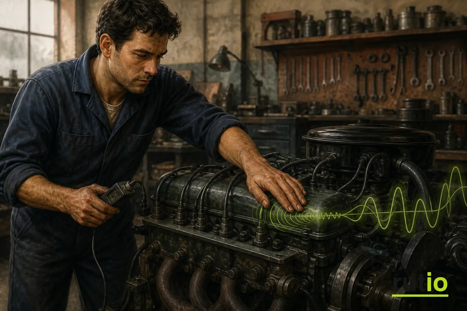 Ilustración editorial de un mecánico apoyando una mano sobre un motor en marcha mientras sostiene una herramienta de diagnóstico