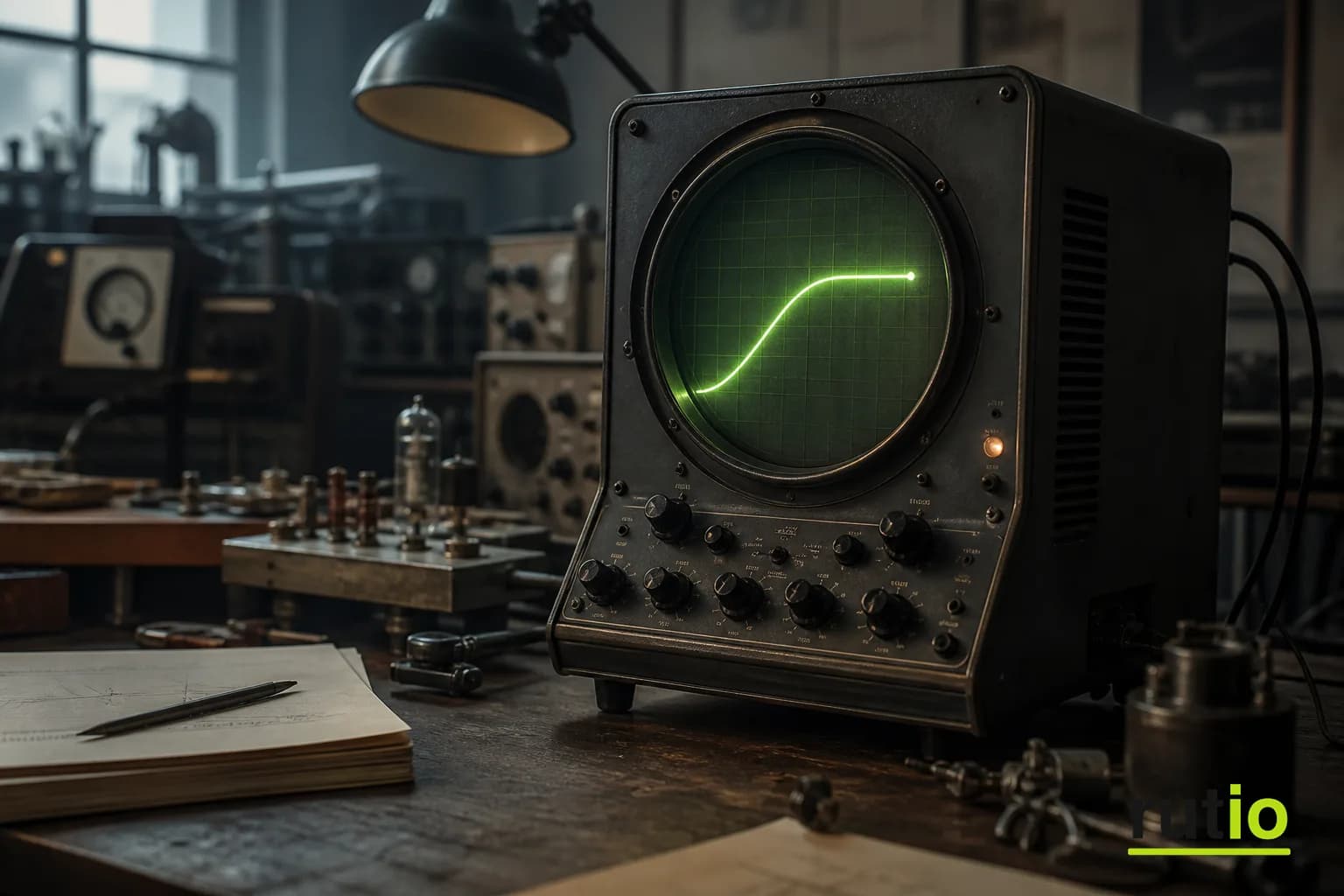 Ilustración editorial de un tubo de rayos catódicos de laboratorio de fines de los años 30 mostrando una curva luminosa