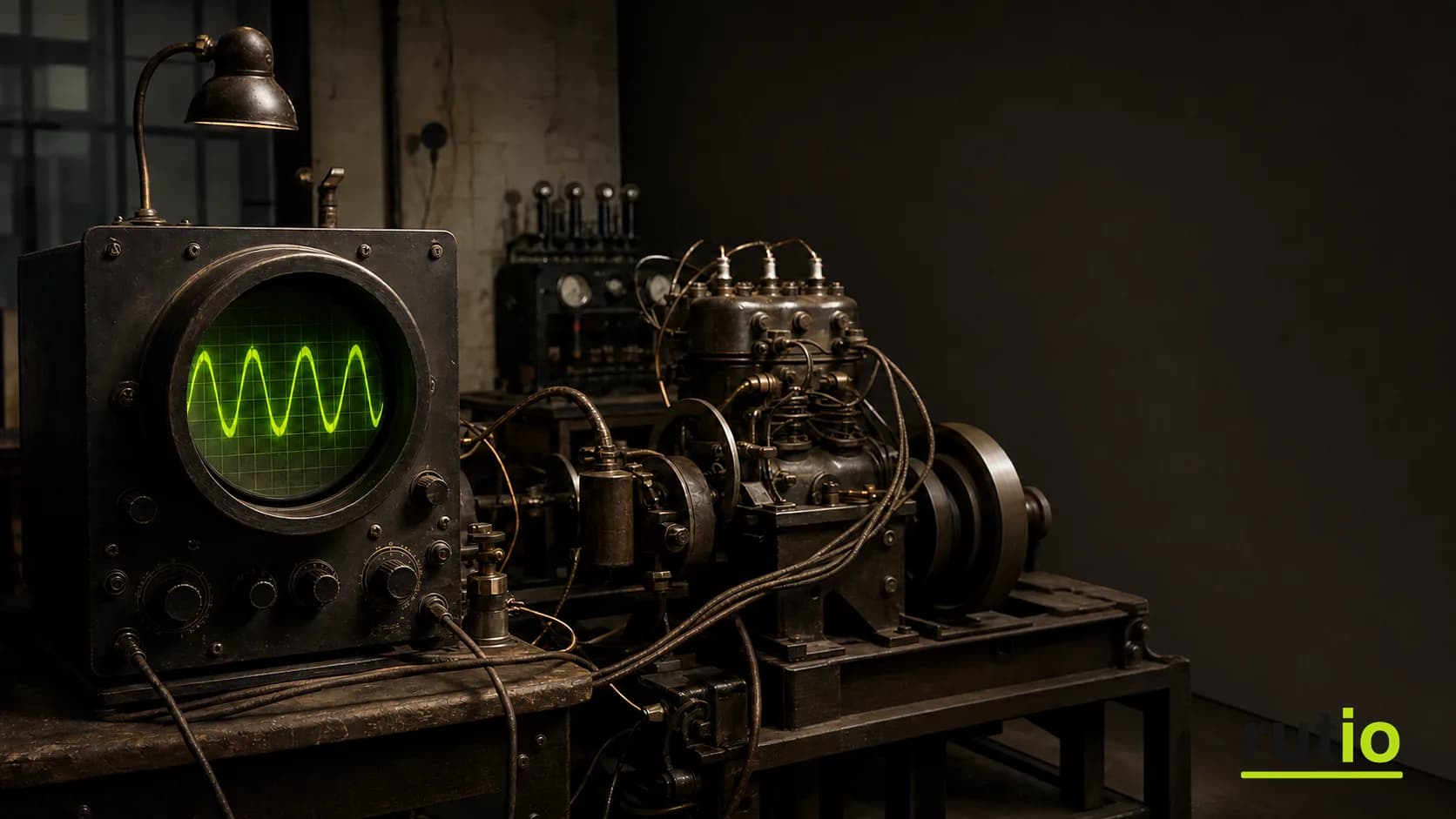 Osciloscopio de rayos catódicos de 1939 mostrando una curva junto a un motor en funcionamiento