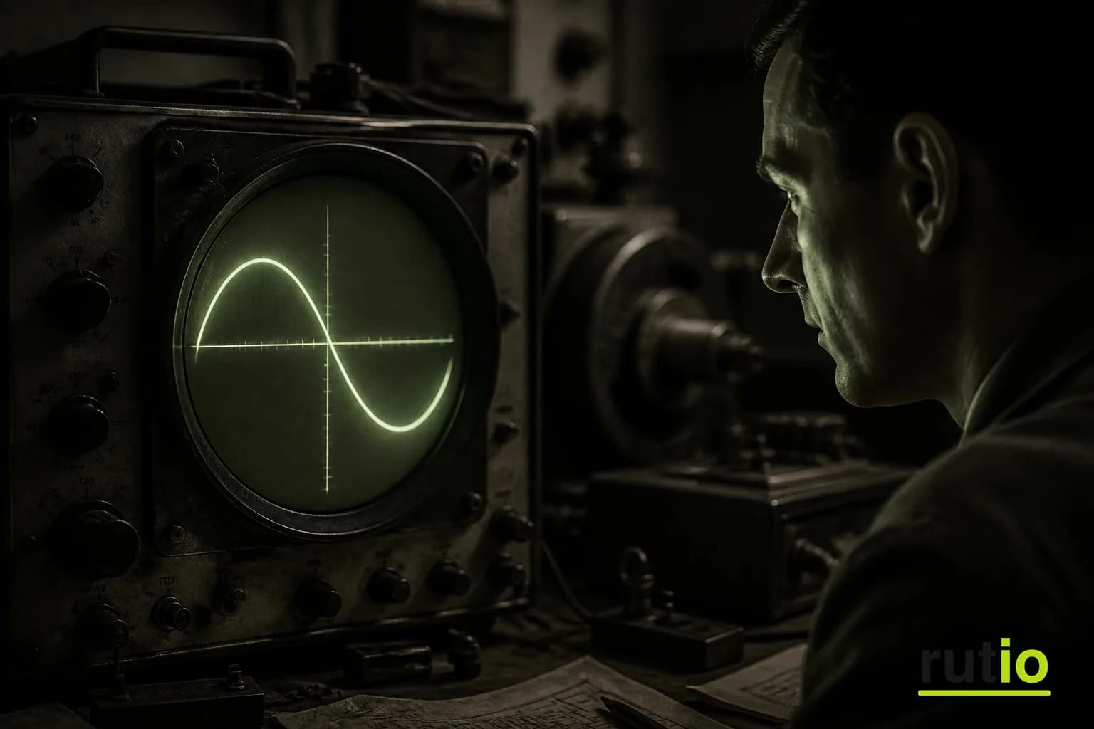 Ilustración editorial de un ingeniero observando de perfil una curva luminosa en la pantalla de un osciloscopio de época