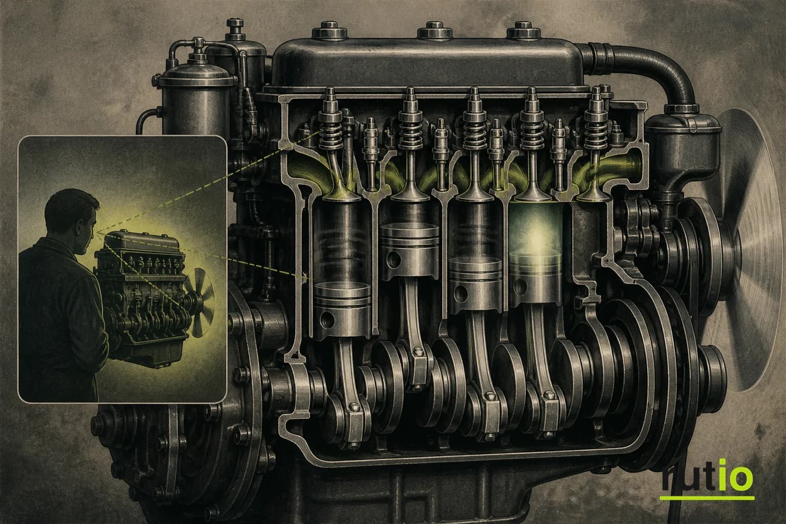 Ilustración editorial de un motor de combustión seccionado con un ingeniero observándolo en una silueta oscura al costado