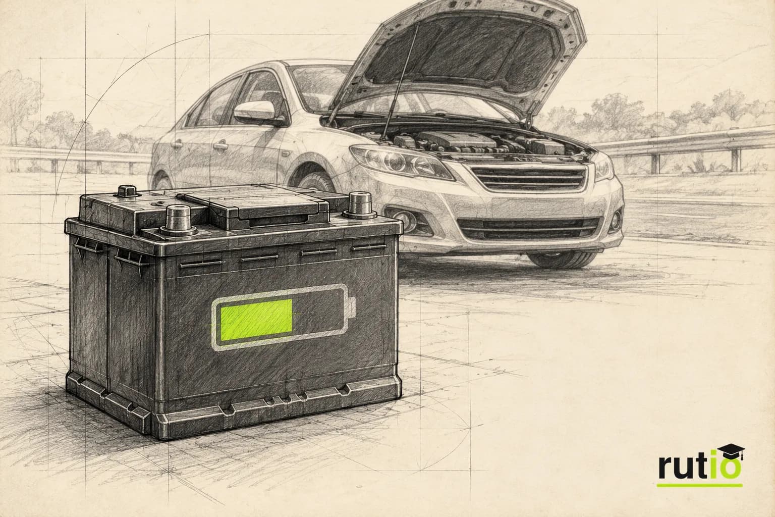 Ilustración editorial de una batería de 12 V en primer plano con un indicador de carga a medio bajar y un auto detenido de fondo
