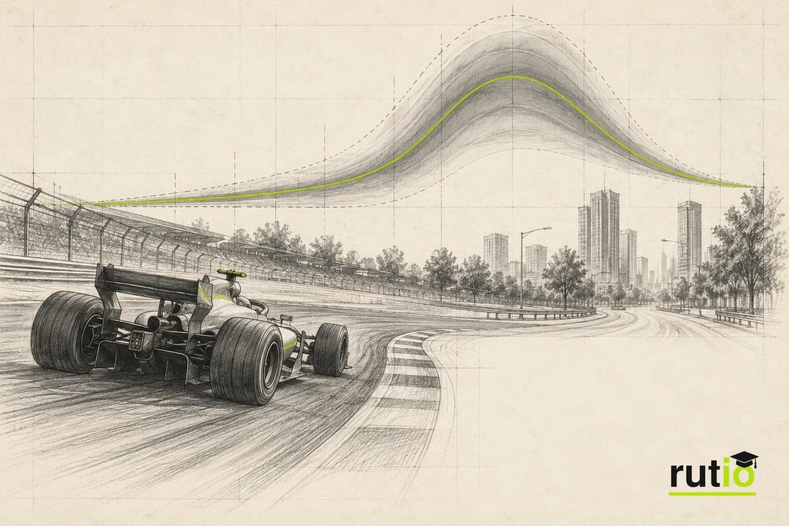 Ilustración editorial de una curva de probabilidad con una zona sombreada de incertidumbre alrededor de la línea central