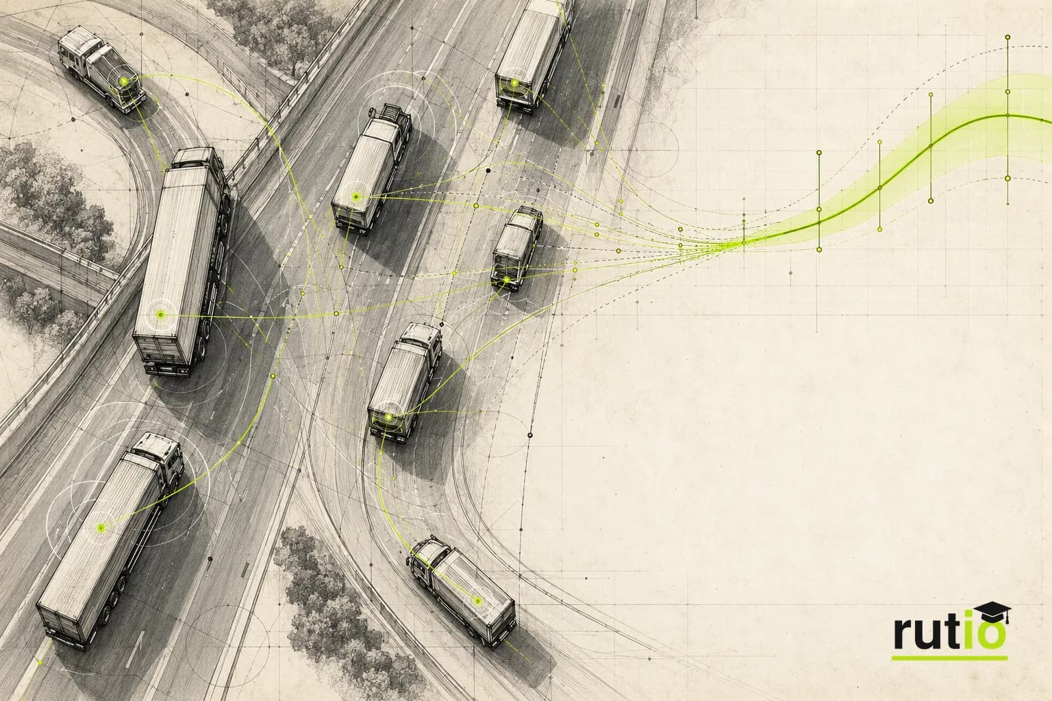 Ilustración editorial de una flota de camiones vista desde arriba con líneas de datos que convergen en una curva de probabilidad