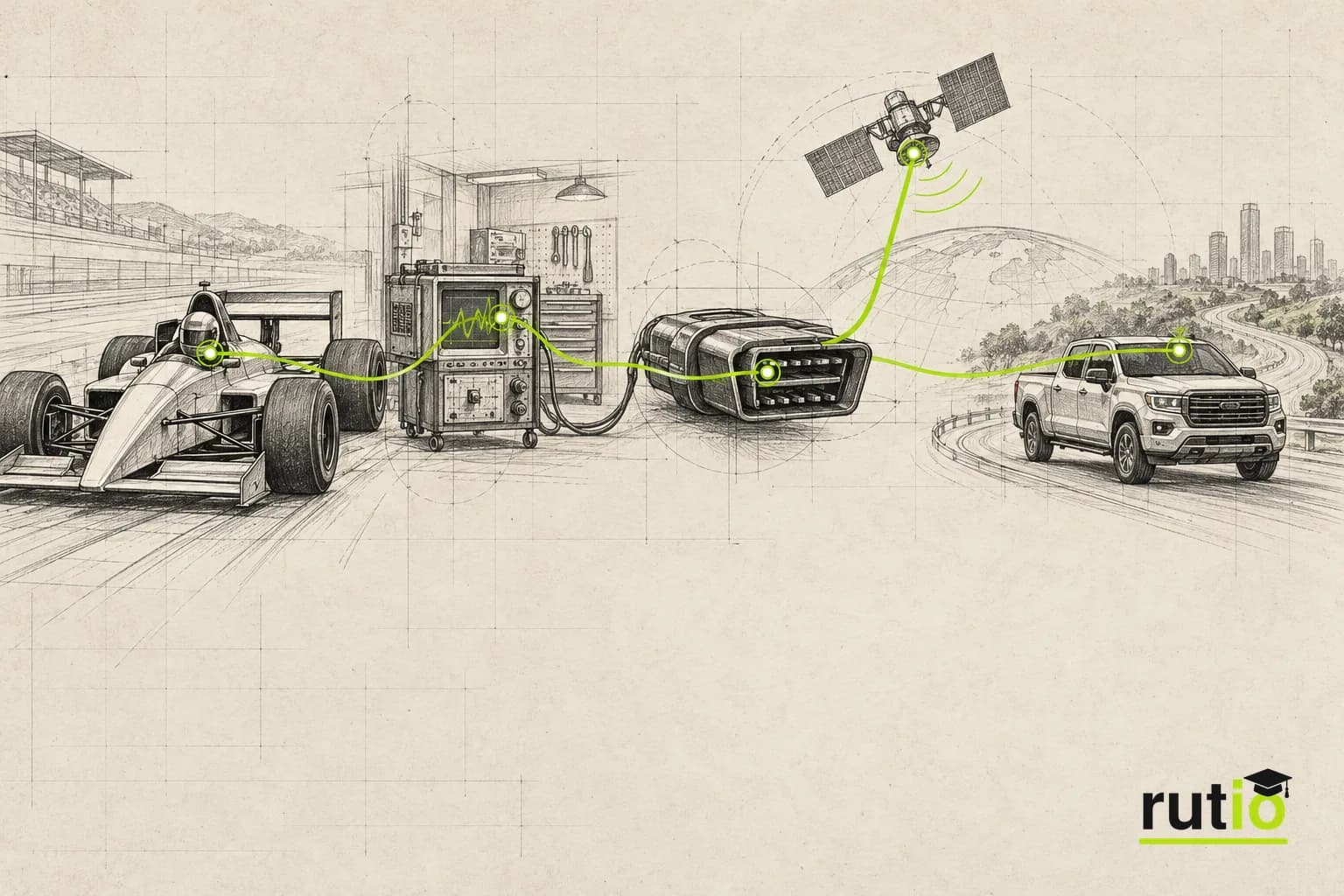 Ilustración editorial panorámica tipo línea de tiempo desde un monoplaza de los años ochenta hasta una camioneta moderna de flota