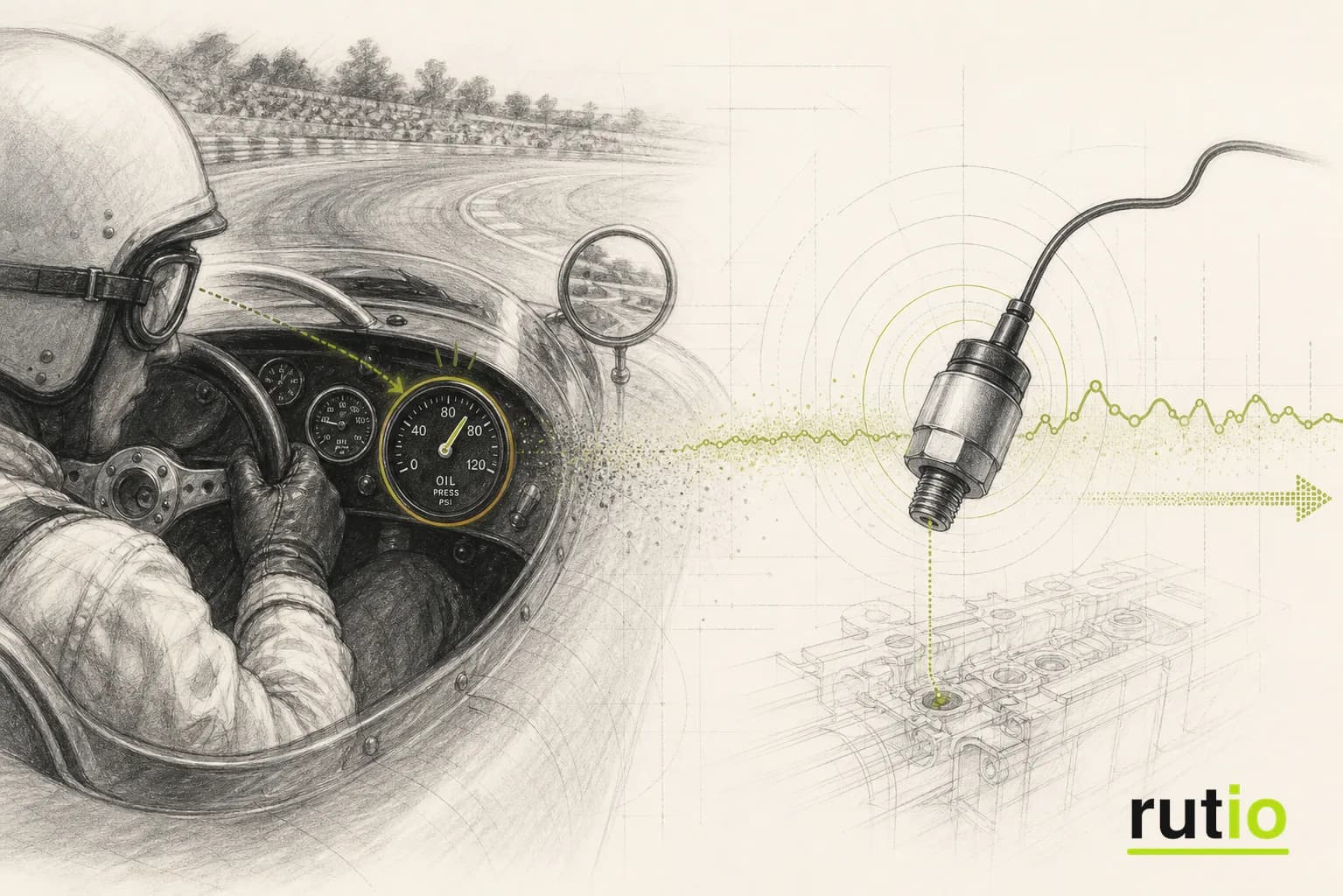 Transición editorial entre un piloto de época mirando el manómetro de aceite en cabina y un sensor moderno conectado al motor