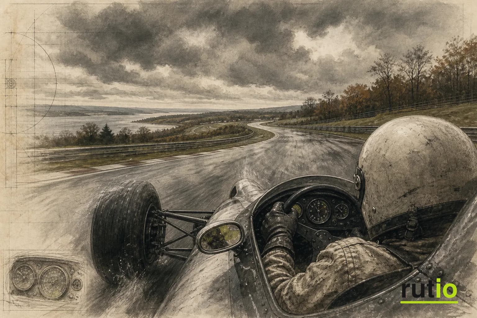 Monoplaza de fines de los años 70 circulando por una recta de Watkins Glen bajo un cielo nublado, con el piloto y el tablero analógico visibles