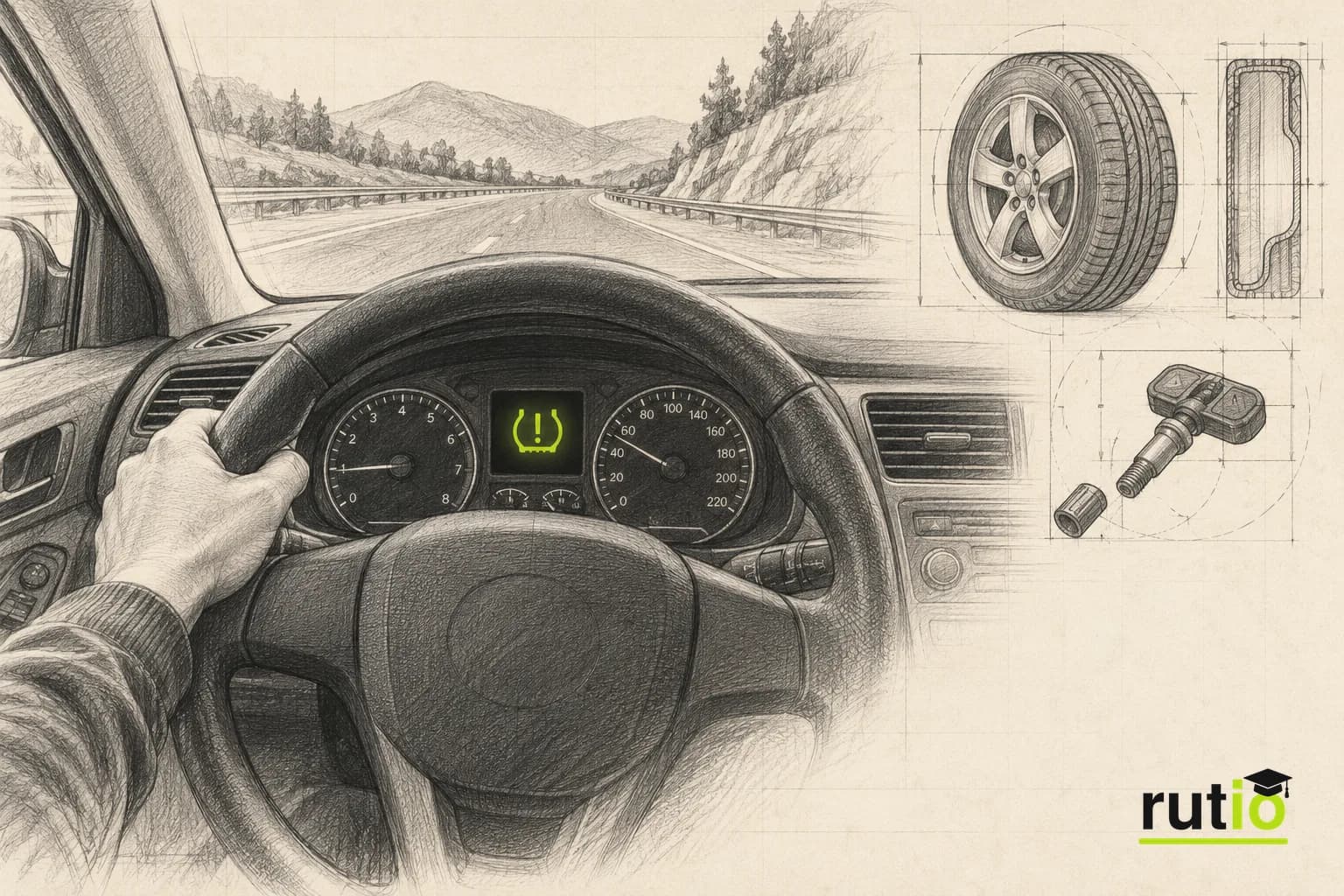 Ilustración editorial de un documento normativo junto a un tablero de auto con el testigo de presión de neumáticos encendido