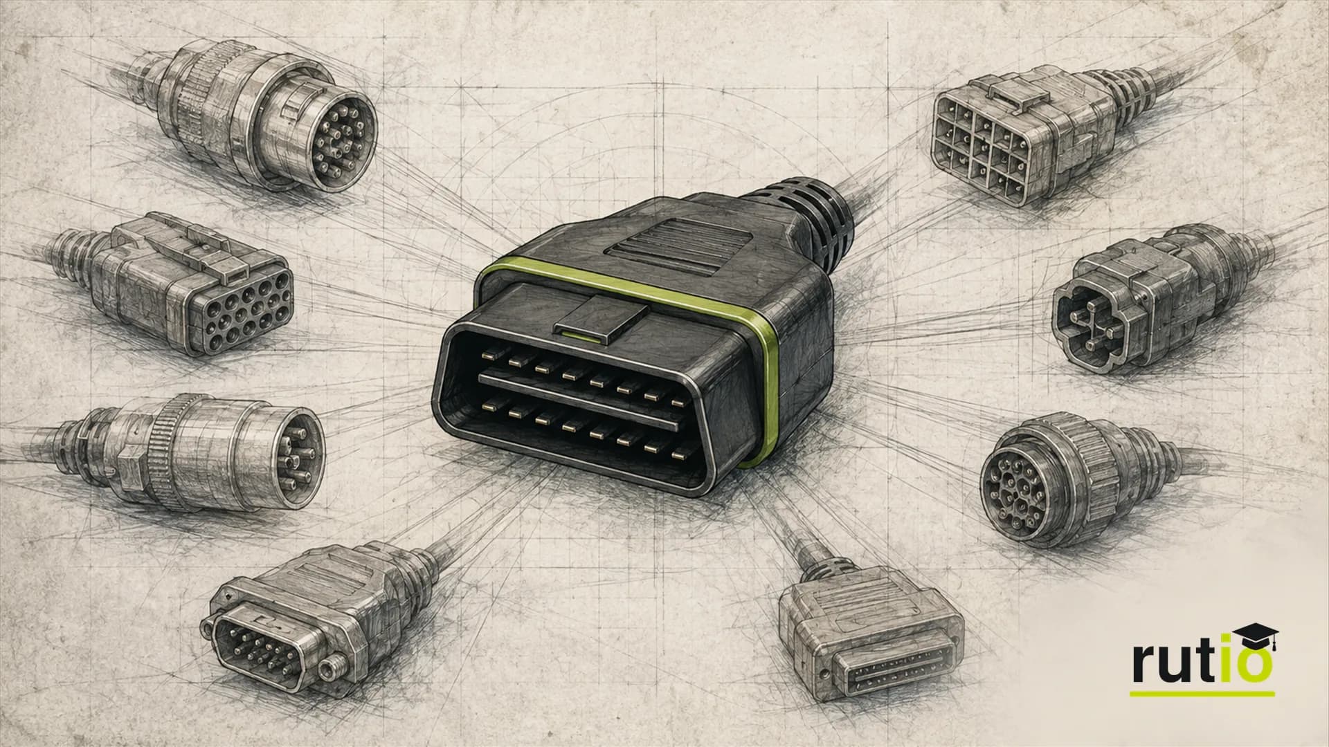 Ilustración editorial de varios conectores de diagnóstico propietarios de distintas marcas convergiendo hacia un único conector estandarizado de 16 pines