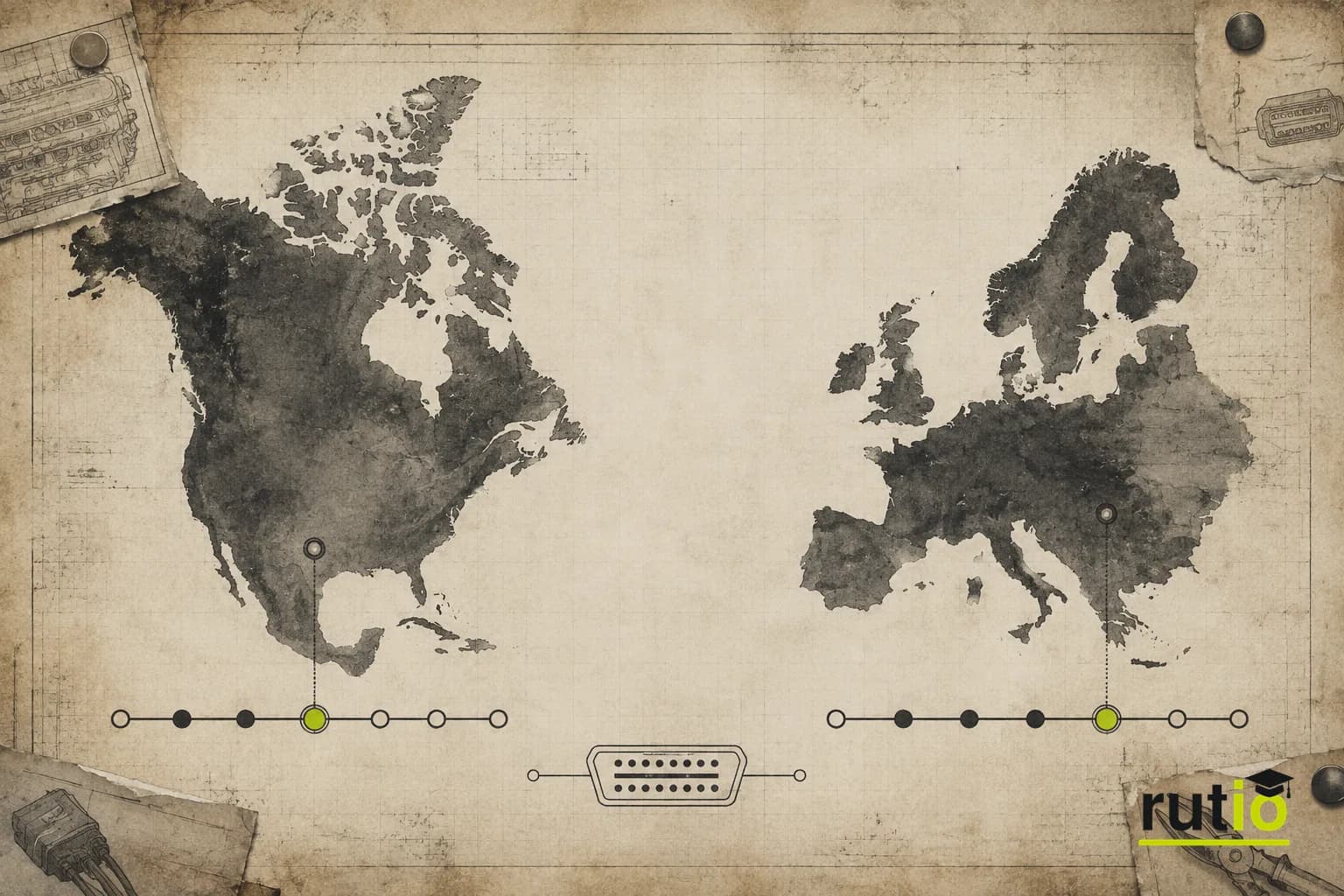 Ilustración editorial de un mapa estilizado mostrando la adopción del estándar de diagnóstico en distintos años entre Estados Unidos y Europa