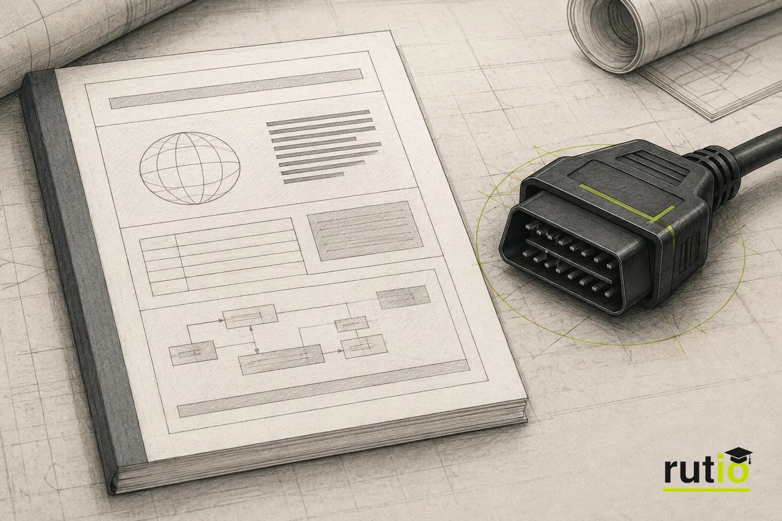 Ilustración editorial de un documento técnico normativo genérico junto al conector de 16 pines estandarizado
