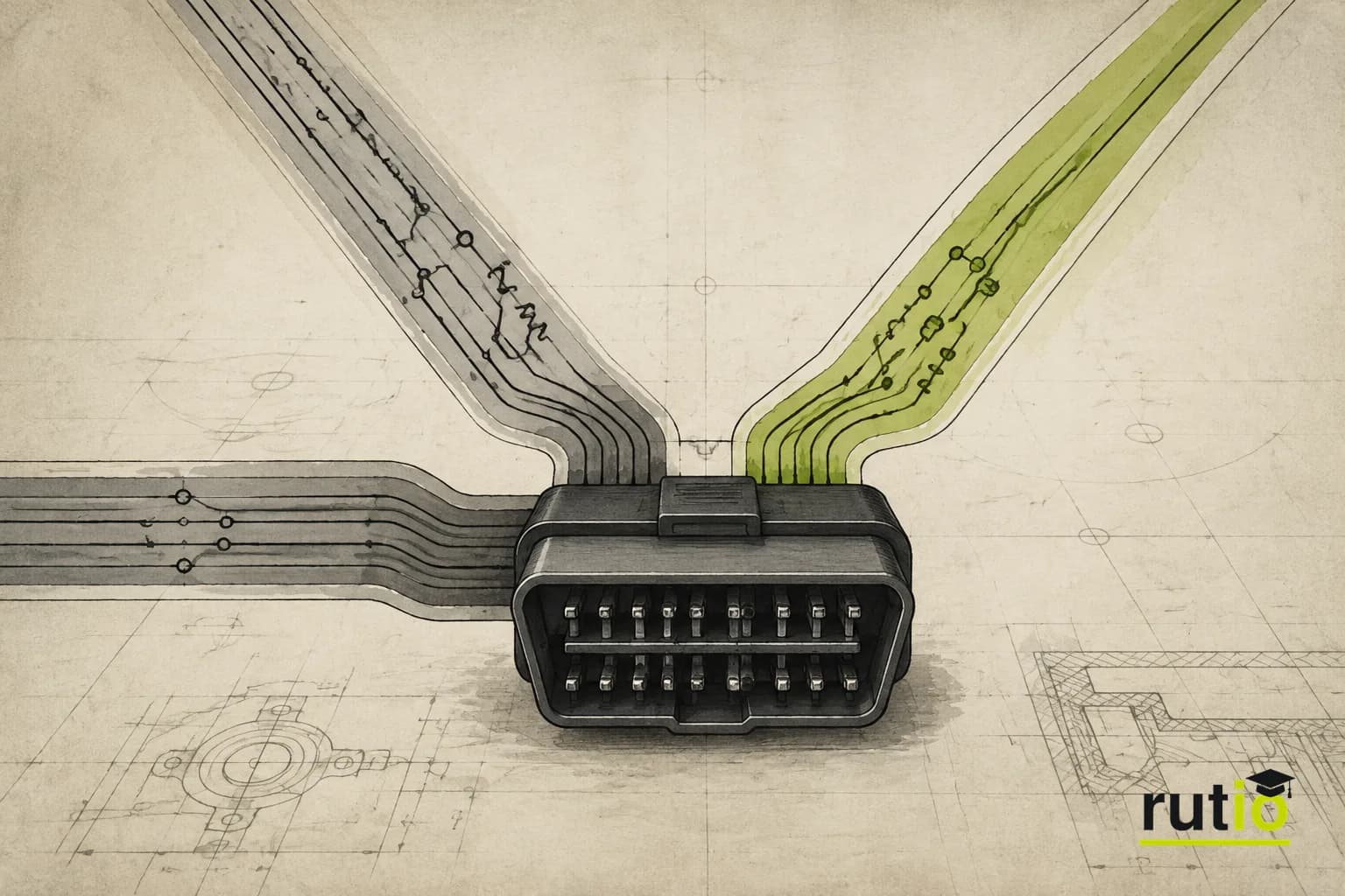 Ilustración editorial de un único conector de 16 pines con tres líneas de protocolo distintas convergiendo hacia él