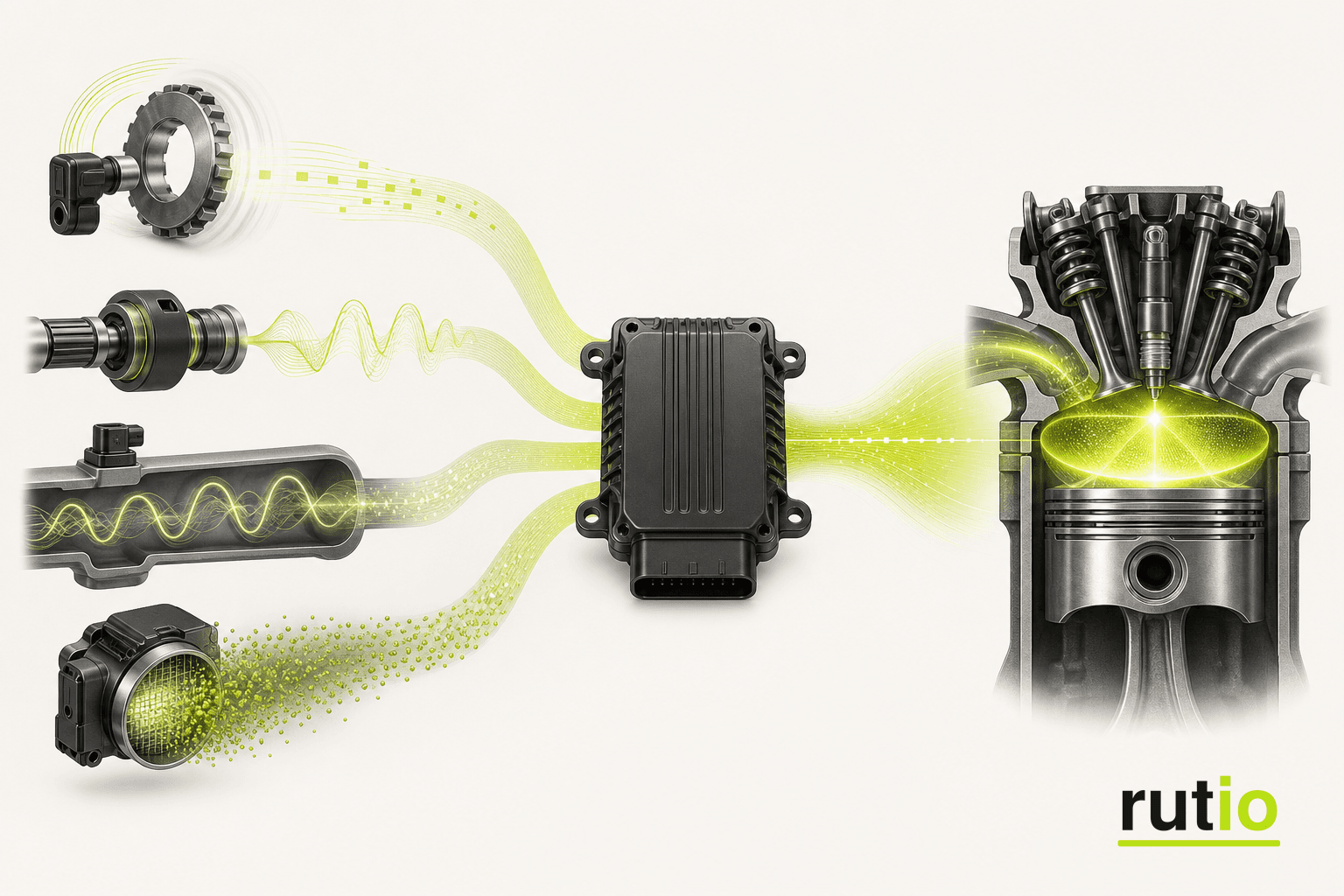 ECU combinando RPM, torque, presión y caudal para ajustar la mezcla del motor