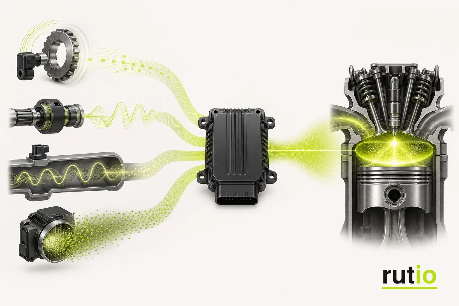 ECU combinando RPM, torque, presión y caudal para ajustar la mezcla del motor