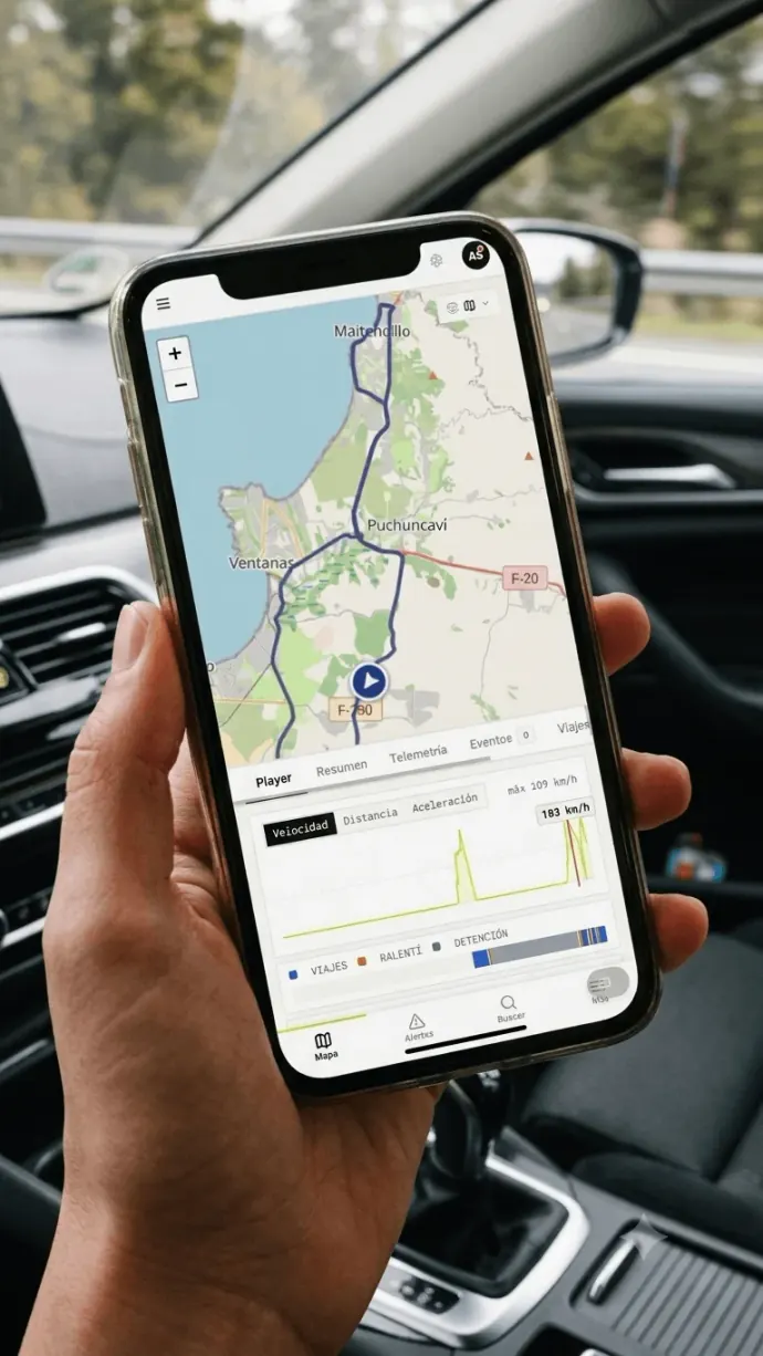 Celular con la app de Rutio dentro del auto